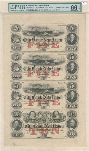 City Bank of New Haven - Uncut Obsolete Sheet - Broken Bank Notes - PMG Graded